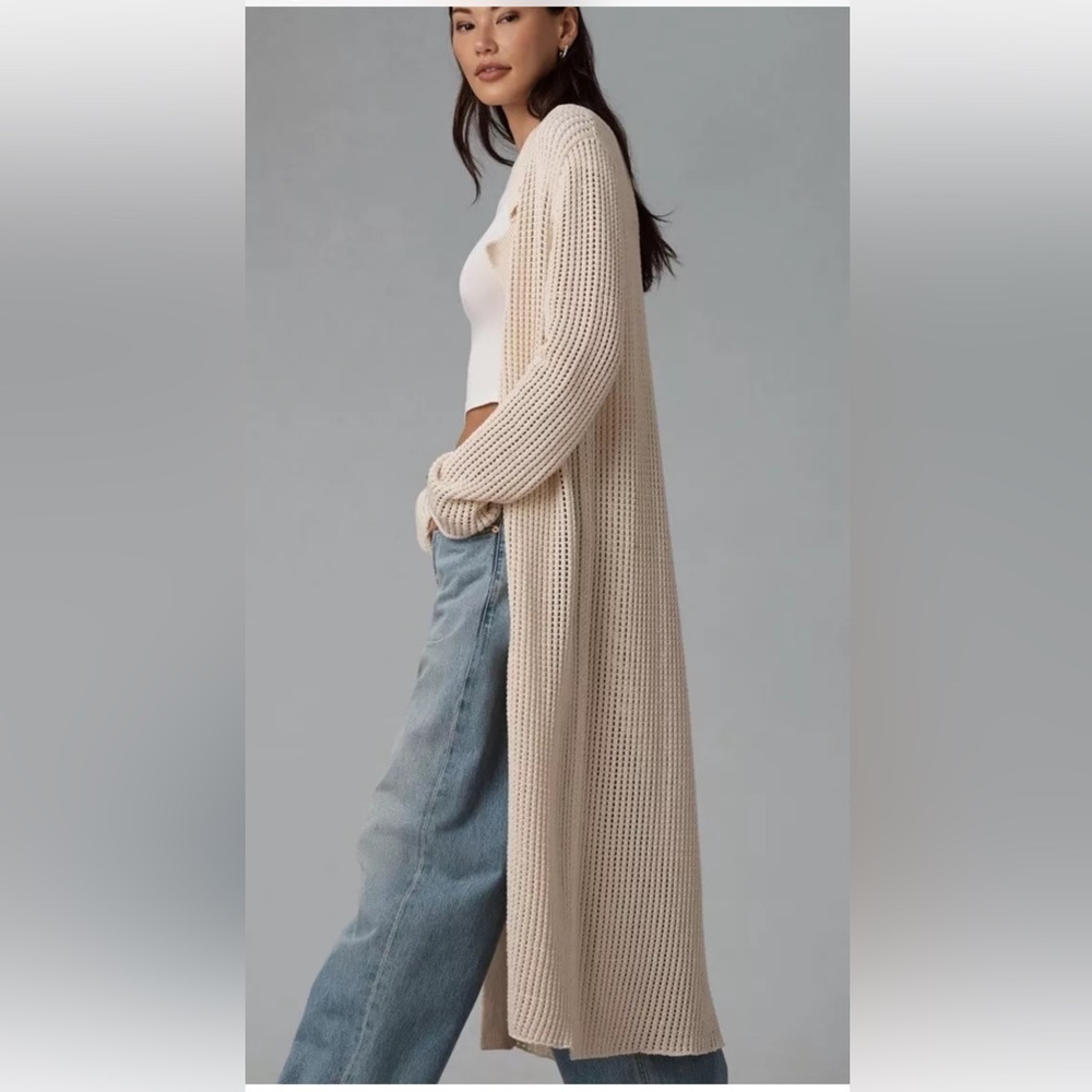 Anthropologie Pilcro Long Sleeve Open Stitch Duster Sweater Notch Collar Knit